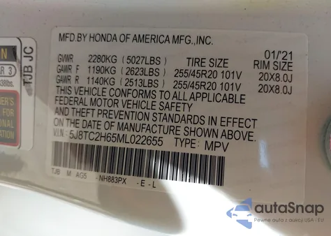 2021 Acura Rdx A-Spec Package from USA, damaged, VIN 5J8TC2H65ML022655
